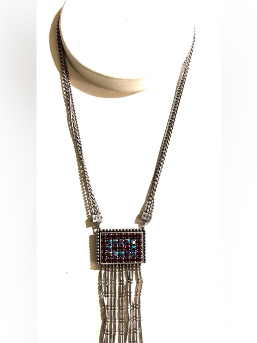 Vintage Silver-Tone Multi-Stone Tassel Necklace - Blue & Burgundy